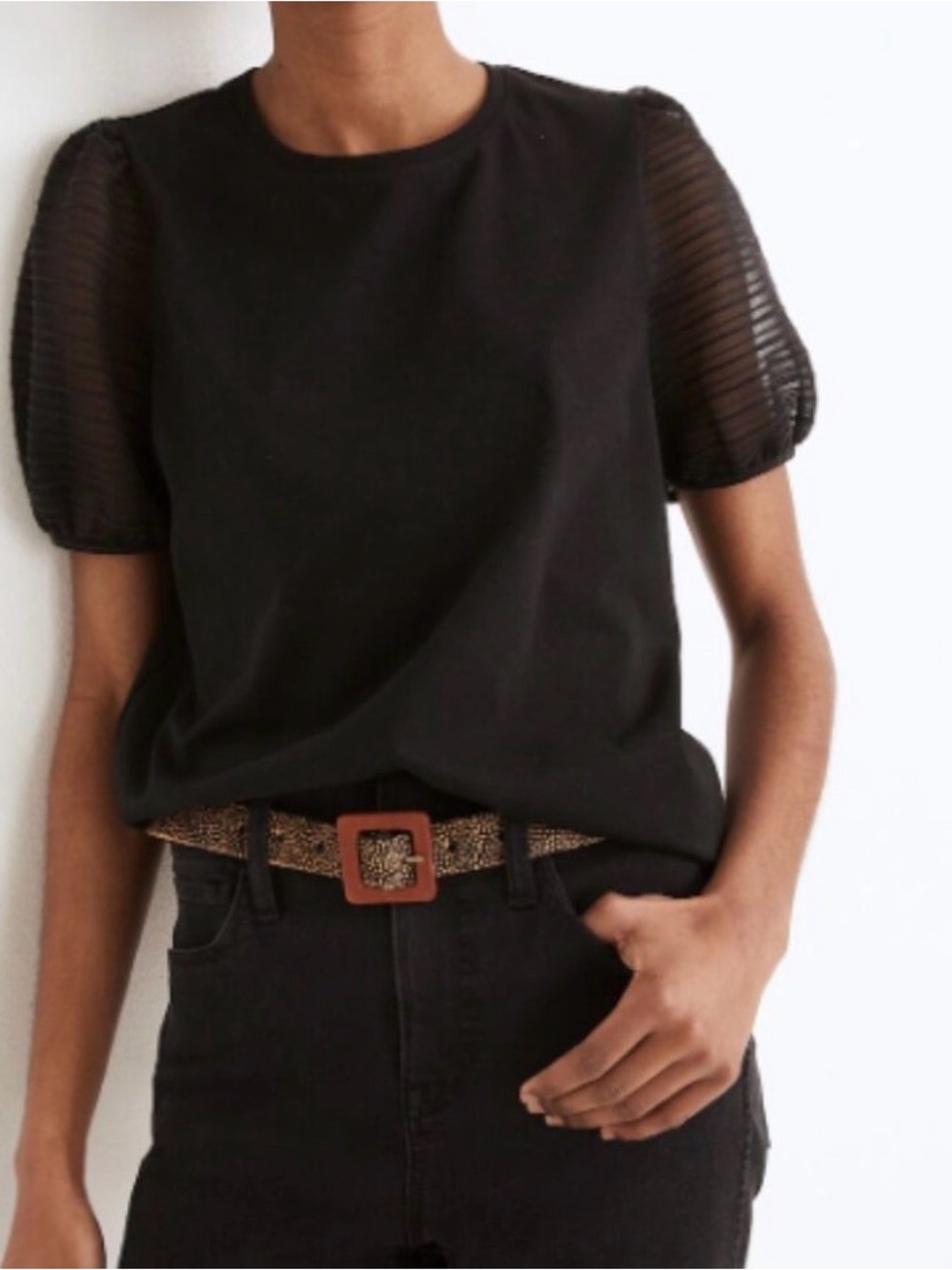 Madewell Black Puff Stripe Sheer Sleeve Top